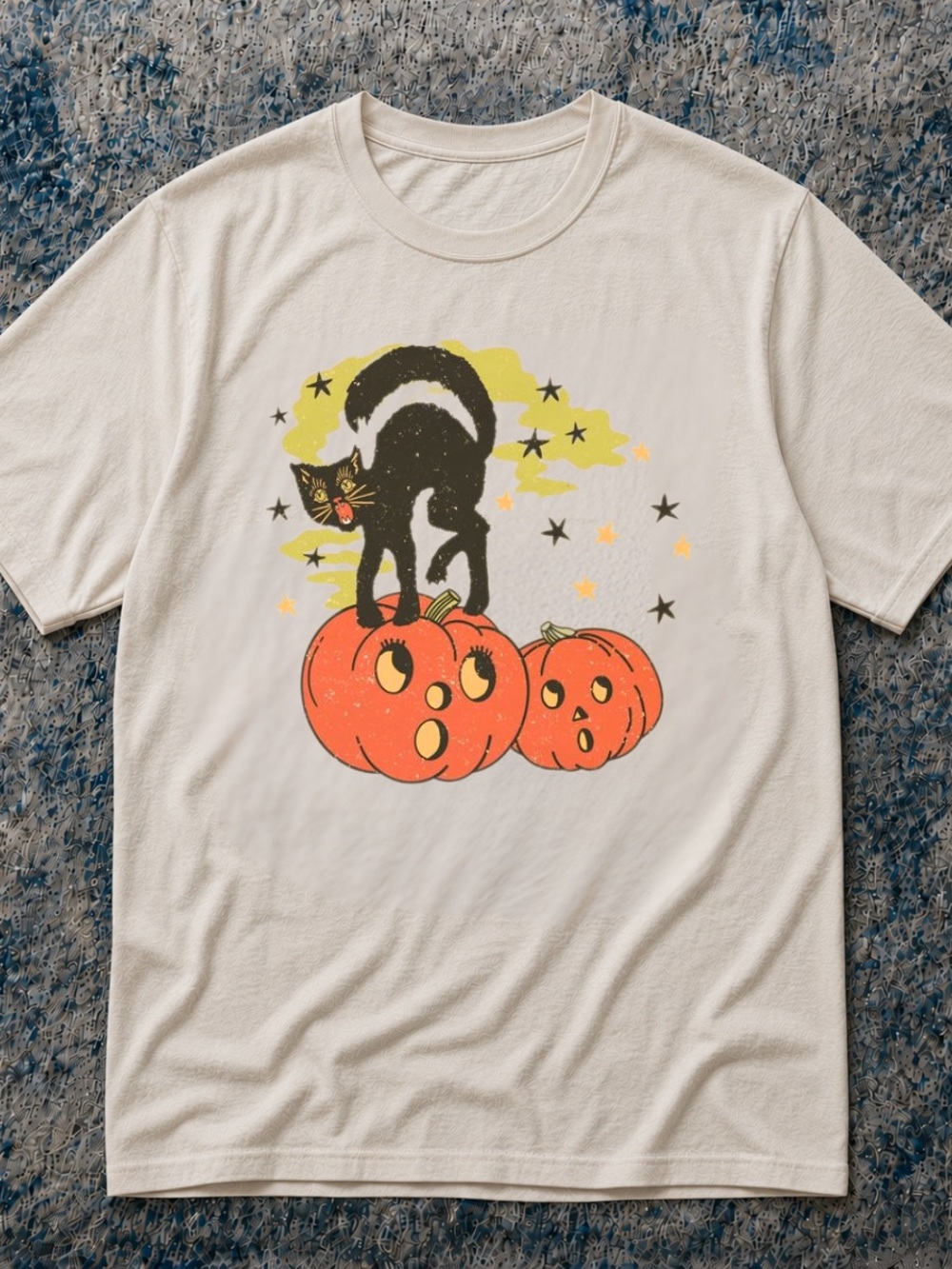 Gildan Cream Short Sleeve Tee with Black Cat & Orange Pumpkins